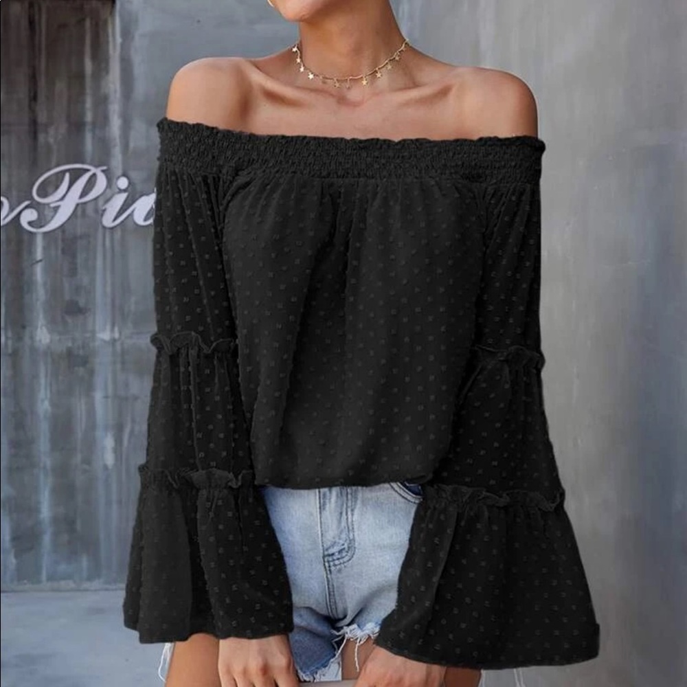 COPY - SHEIN Swiss Dot Shirred Frill Bardot Blouse
